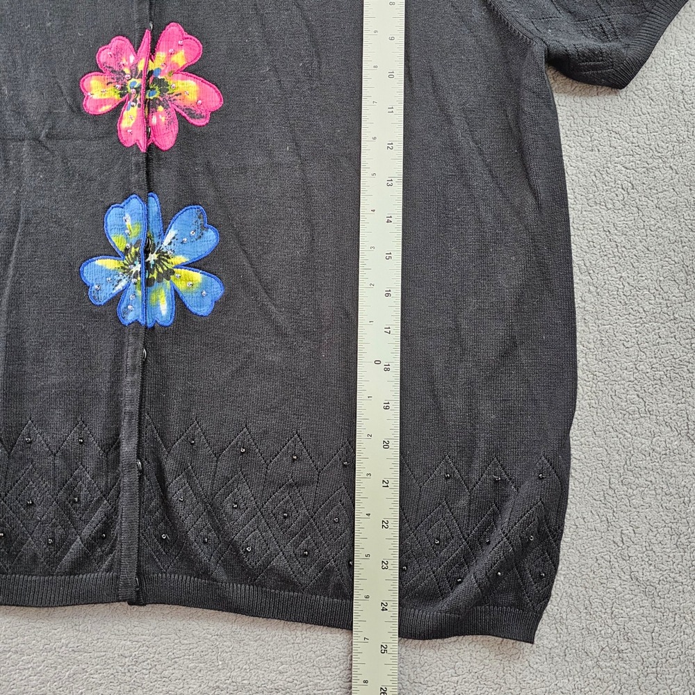 Alfred Dunner Knit Cardigan Women XL Black Floral Beaded Short Sleeve Snap Front - Picture 3 of 10